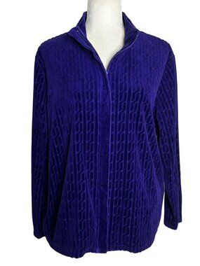 Coldwater Creek Velour Zip Up Jacket XL Purple Blue Textured Pattern Pockets
